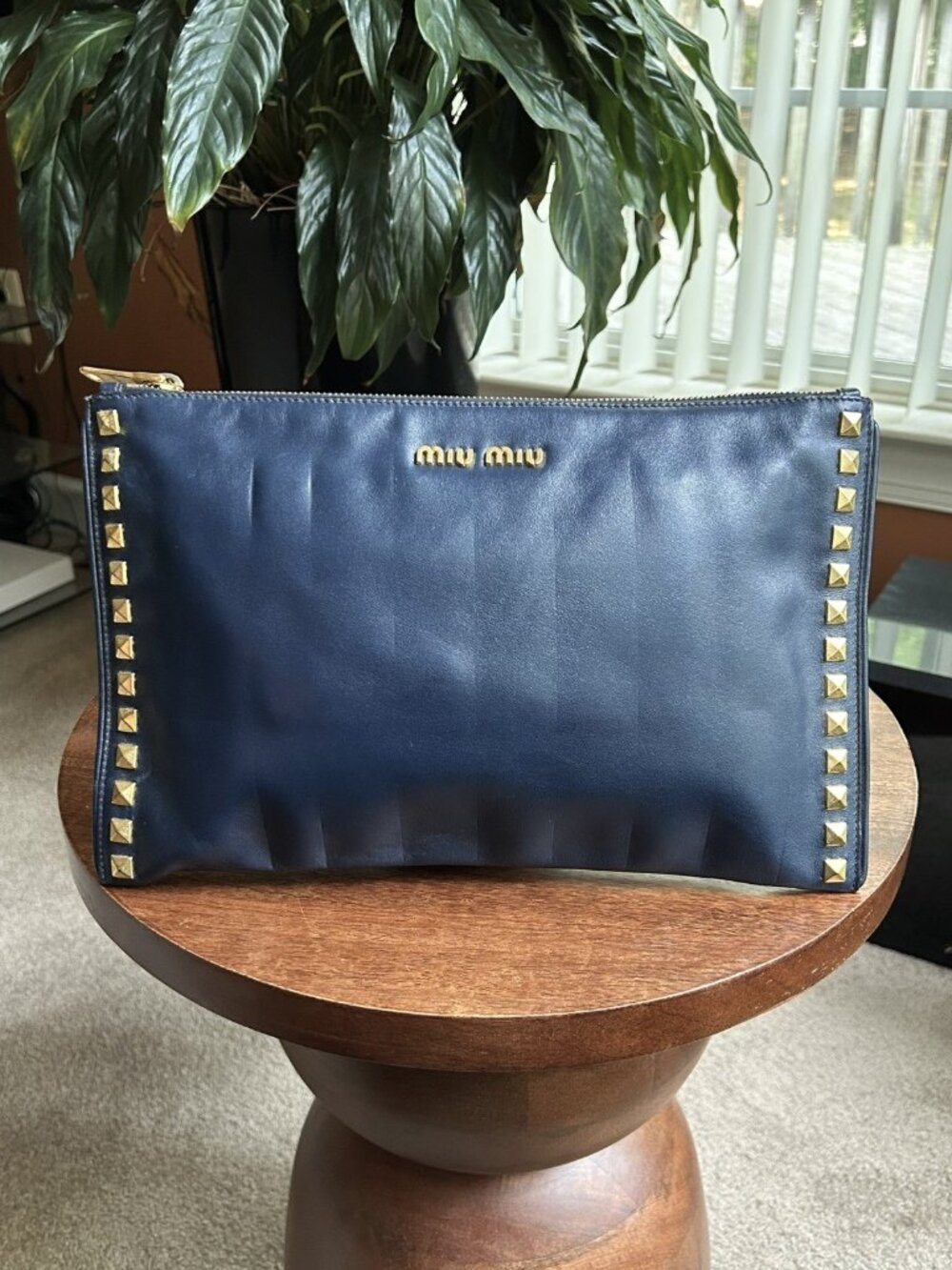 MIU MIU Leather Studded Pouch Clutch, Navy Blue